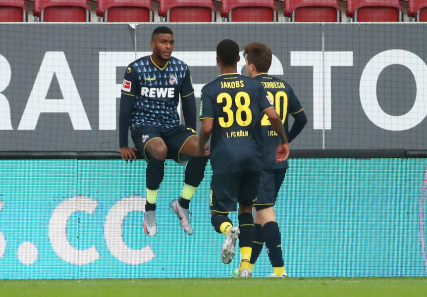 Cologne's French forward Anthony Modeste (L) celebrates scoring the opening goal with his teammates during the German first division Bundesliga football match FC Augsburg v 1. FC Cologne on June 7, 2020 in Augsburg, southern Germany. (Photo by Michael DALDER / POOL / AFP) / DFL REGULATIONS PROHIBIT ANY USE OF PHOTOGRAPHS AS IMAGE SEQUENCES AND/OR QUASI-VIDEO (Photo by MICHAEL DALDER/POOL/AFP via Getty Images)