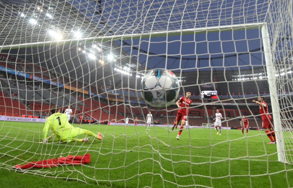 Leverkusen's German midfielder Kai Havertz (C) scores the 2-0 during the German first division Bundesliga football match Bayer Leverkusen v FC Cologne on June 17, 2020 in Leverkusen, western Germany. (Photo by INA FASSBENDER / POOL / AFP) / DFL REGULATIONS PROHIBIT ANY USE OF PHOTOGRAPHS AS IMAGE SEQUENCES AND/OR QUASI-VIDEO (Photo by INA FASSBENDER/POOL/AFP via Getty Images)
