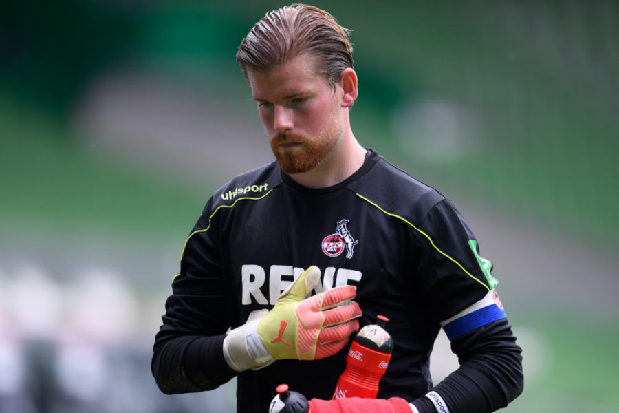 BREMEN, GERMANY - JUNE 27: Timo Horn of 1. FC Koeln looks dejected during the Bundesliga match between SV Werder Bremen and 1. FC Koeln at Wohninvest Weserstadion on June 27, 2020 in Bremen, Germany. (Photo by Oliver Hardt/Getty Images)