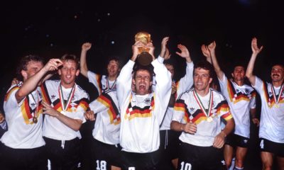 Pierre Littbarski holds up the trophy GER Lothar Matthaeus right, Rudi Voeller left, Andreas Brehme 2nd left Argentina v West Germany. World Cup Final 1990. Rome. 8/7/90. PUBLICATIONxINxGERxSUIxAUTxHUNxPOLxUSAxONLY
