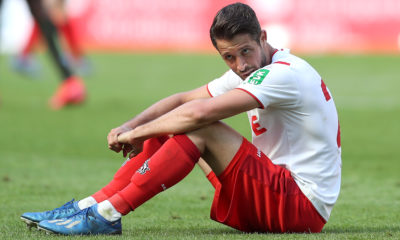 Cologne's German forward Mark Uth reacts after the German first division Bundesliga football match FC Cologne v Mainz 05 on May 17, 2020 in Cologne, western Germany as the season resumed following a two-month absence due to the novel coronavirus COVID-19 pandemic. (Photo by Lars Baron / POOL / AFP) / DFL REGULATIONS PROHIBIT ANY USE OF PHOTOGRAPHS AS IMAGE SEQUENCES AND/OR QUASI-VIDEO (Photo by LARS BARON/POOL/AFP via Getty Images)