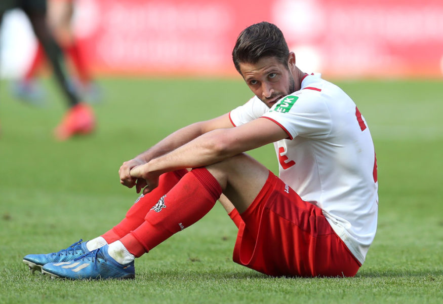 Cologne's German forward Mark Uth reacts after the German first division Bundesliga football match FC Cologne v Mainz 05 on May 17, 2020 in Cologne, western Germany as the season resumed following a two-month absence due to the novel coronavirus COVID-19 pandemic. (Photo by Lars Baron / POOL / AFP) / DFL REGULATIONS PROHIBIT ANY USE OF PHOTOGRAPHS AS IMAGE SEQUENCES AND/OR QUASI-VIDEO (Photo by LARS BARON/POOL/AFP via Getty Images)