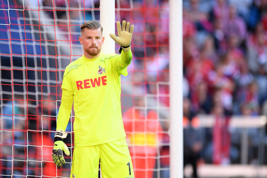 MUNICH, GERMANY - SEPTEMBER 21: Timo Horn of 1. FC Koeln gestures during the Bundesliga match between FC Bayern Muenchen and 1. FC Koeln at Allianz Arena on September 21, 2019 in Munich, Germany. (Photo by Sebastian Widmann/Bongarts/Getty Images)