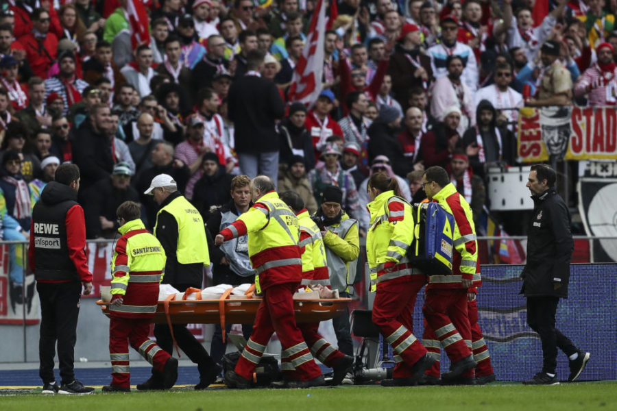 BERLIN, GERMANY - FEBRUARY 22: Rafael Czichos of 1. FC Koeln receives medical treatment during the Bundesliga match between Hertha BSC and 1. FC Koeln at Olympiastadion on February 22, 2020 in Berlin, Germany. (Photo by Maja Hitij/Bongarts/Getty Images)