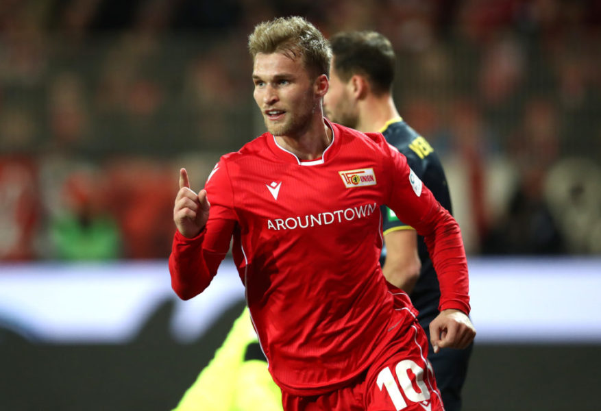 BERLIN, GERMANY - DECEMBER 08: Sebastian Andersson of 1. FC Union Berlin celebrates after scoring his team's first goal during the Bundesliga match between 1. FC Union Berlin and 1. FC Koeln at Stadion An der Alten Foersterei on December 08, 2019 in Berlin, Germany. (Photo by Maja Hitij/Bongarts/Getty Images)