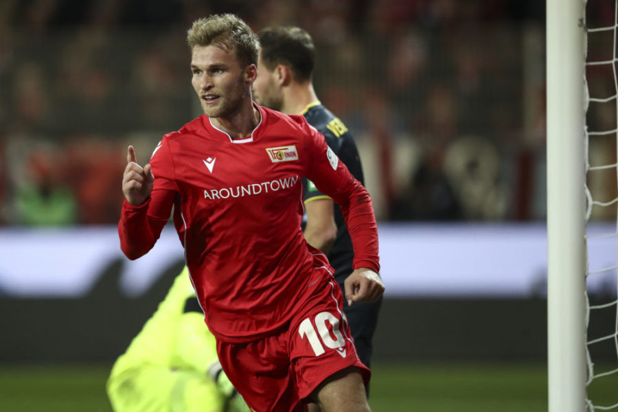 BERLIN, GERMANY - DECEMBER 08: Sebastian Andersson of 1.FC Union Berlin celebrates with teammates after scoring his team's first goal during the Bundesliga match between 1. FC Union Berlin and 1. FC Koeln at Stadion An der Alten Foersterei on December 08, 2019 in Berlin, Germany. (Photo by Maja Hitij/Bongarts/Getty Images)