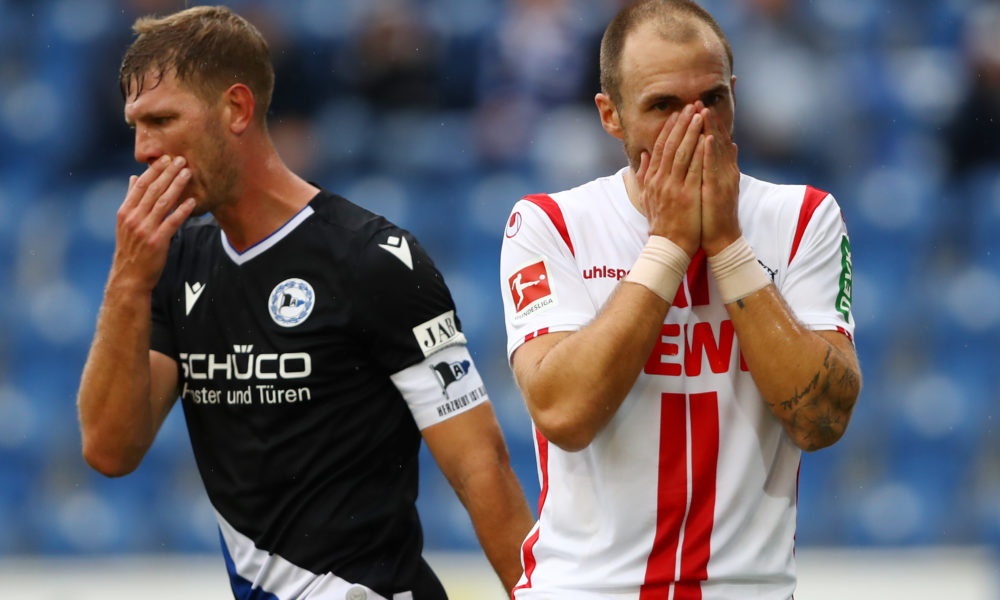 BIELEFELD, GERMANY - SEPTEMBER 26: Rafael Czichos of 1. FC Koln reacts during the Bundesliga match between DSC Arminia Bielefeld and 1. FC Koeln at Schueco Arena on September 26, 2020 in Bielefeld, Germany. A limited number of fans have been let into the stadium as COVID-19 restrictions ease. (Photo by Martin Rose/Getty Images)