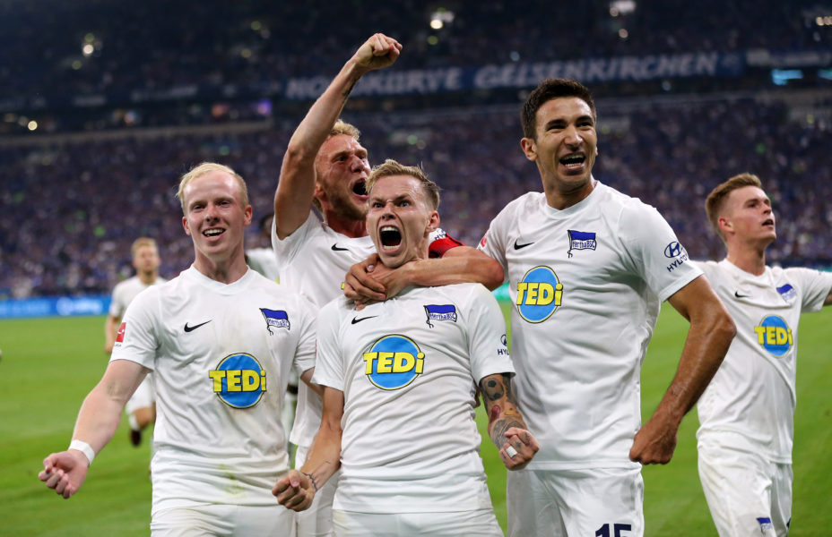 GELSENKIRCHEN, GERMANY - SEPTEMBER 02: Ondrej Duda of Berlin (2nd R) celebrates the second goal with Dennis Jastrzembski (L), Fabian Lustenberger (2nd L) and Marko Grujic of Berlin (R) during the Bundesliga match between FC Schalke 04 and Hertha BSC at Veltins-Arena on September 2, 2018 in Gelsenkirchen, Germany. (Photo by Christof Koepsel/Bongarts/Getty Images)