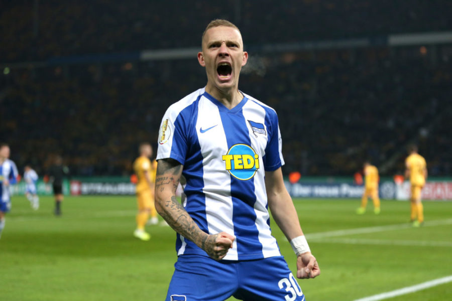 BERLIN, GERMANY - OCTOBER 30: Marius Wolf of Hertha BSC celebrates after Dodi Lukebakio (not in frame) scores his side's first goal during the DFB Cup second round match between Hertha BSC and Dynamo Dresden at Olympiastadion on October 30, 2019 in Berlin, Germany. (Photo by Maja Hitij/Bongarts/Getty Images)