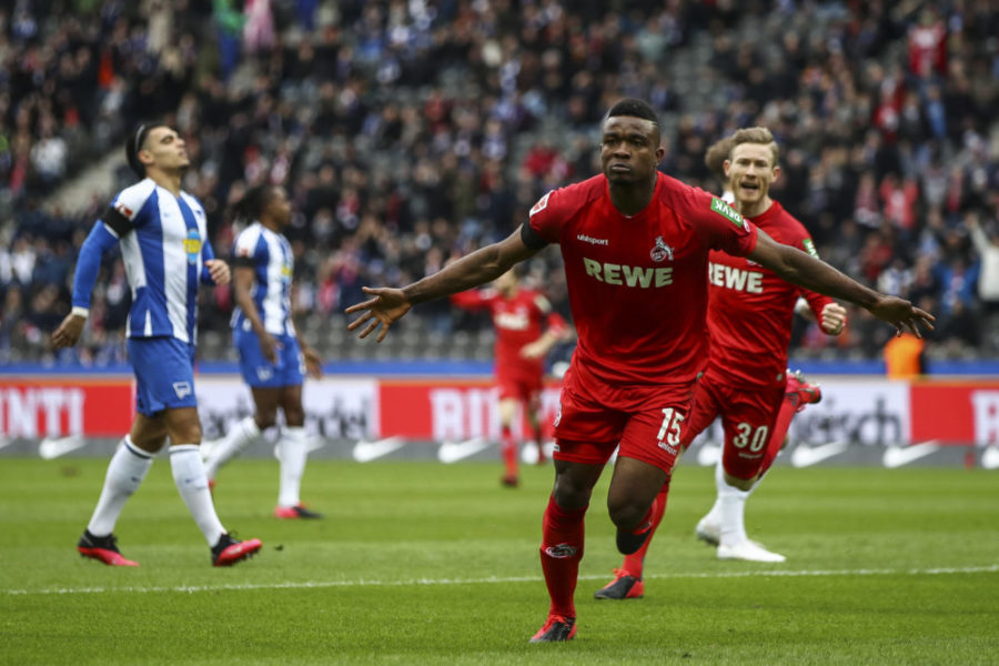 BERLIN, GERMANY - FEBRUARY 22: Jhon Cordoba of 1. FC Koeln celebrates after scoring his team's first goal during the Bundesliga match between Hertha BSC and 1. FC Koeln at Olympiastadion on February 22, 2020 in Berlin, Germany. (Photo by Maja Hitij/Bongarts/Getty Images)