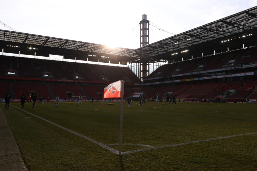 COLOGNE, GERMANY - JANUARY 31: A general view inside the stadium ahead of the Bundesliga match between 1. FC Koeln and DSC Arminia Bielefeld at RheinEnergieStadion on January 31, 2021 in Cologne, Germany. Sporting stadiums around Germany remain under strict restrictions due to the Coronavirus Pandemic as Government social distancing laws prohibit fans inside venues resulting in games being played behind closed doors. (Photo by Lars Baron/Getty Images)