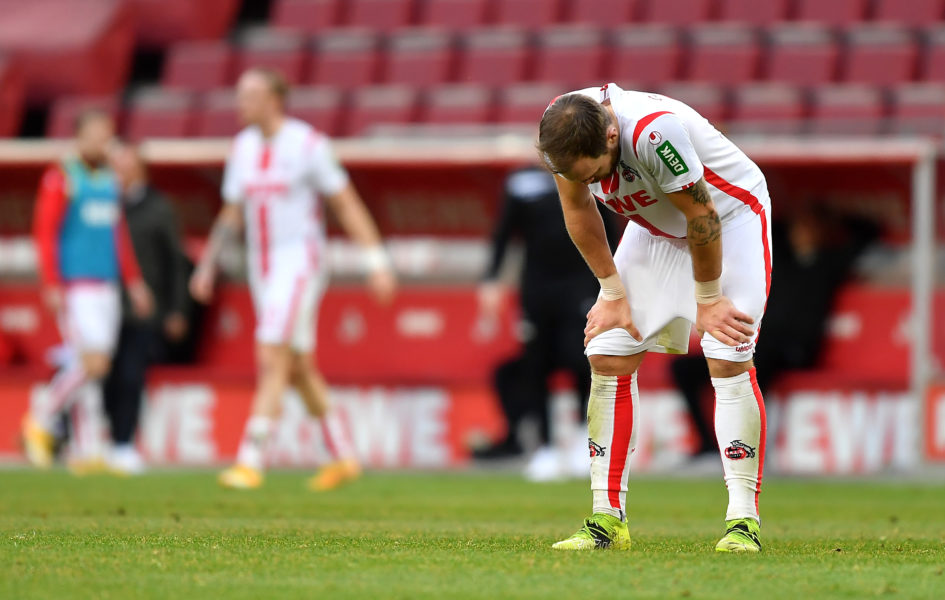 COLOGNE, GERMANY - FEBRUARY 20: Rafael Czichos of 1. FC Koeln reacts during the Bundesliga match between 1. FC Koeln and VfB Stuttgart at RheinEnergieStadion on February 20, 2021 in Cologne, Germany. Sporting stadiums around Germany remain under strict restrictions due to the Coronavirus Pandemic as Government social distancing laws prohibit fans inside venues resulting in games being played behind closed doors. (Photo by Frederic Scheidemann/Getty Images)