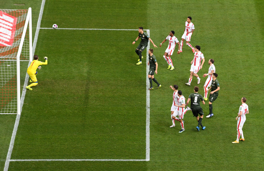 COLOGNE, GERMANY - FEBRUARY 20: Sasa Kalajdzic of VfB Stuttgart scores his team's first goal during the Bundesliga match between 1. FC Koeln and VfB Stuttgart at RheinEnergieStadion on February 20, 2021 in Cologne, Germany. Sporting stadiums around Germany remain under strict restrictions due to the Coronavirus Pandemic as Government social distancing laws prohibit fans inside venues resulting in games being played behind closed doors. (Photo by Matthias Hangst/Getty Images)