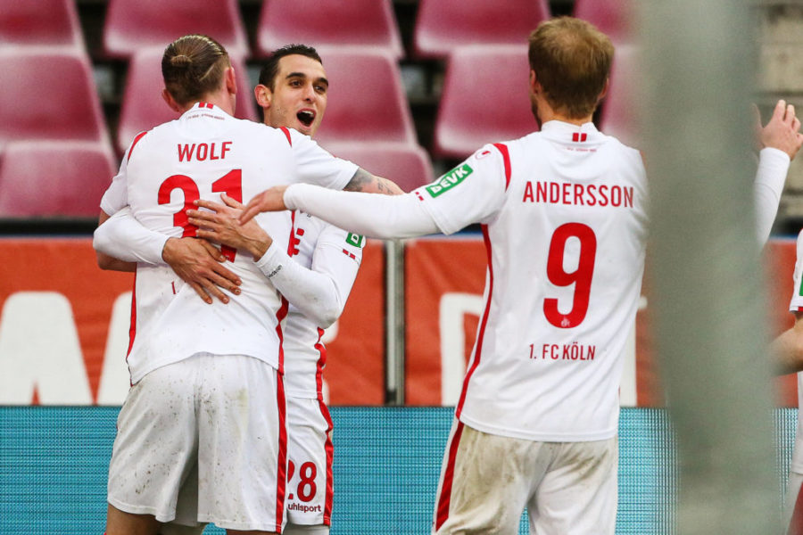 210412 -- COLOGNE, April 12, 2021 -- Ellyes Skhiri C of Koeln celebrates his scoring with teammates during a German Bundesliga football match between FC Koeln and FSV Mainz 05 in Cologne, Germany, April 11, 2021. FOR EDITORIAL USE ONLY. SPGERMANY-COLOGNE-FOOTBALL-BUNDESLIGA-KOELN VS MAINZ ShanxYuqi PUBLICATIONxNOTxINxCHN