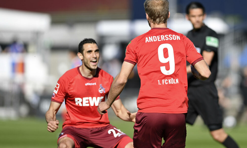 GER, 1.FBL, Relegation, Holstein Kiel vs 1. FC Koeln / 29.05.2021, Holstein-Stadion, Kiel, GER, 1.FBL, Relegation, Holstein Kiel vs 1. FC Koeln, im Bild Sebastian Andersson 1. FC Koeln 9 Torjubel, jubelt mit Ellyes Skhiri 1. FC Koeln 28 nach dem Treffer zum 1:2 *** GER, 1 FBL, Relegation, Holstein Kiel vs 1 FC Koeln 29 05 2021, Holstein Stadion, Kiel, GER, 1 FBL, Relegation, Holstein Kiel vs 1 FC Koeln, in picture Sebastian Andersson 1 FC Koeln 9 goal celebration, cheers with Ellyes Skhiri 1 FC Koeln 28 after the goal to 1 2 nordphotoxGmbHx/xTreese nph00275