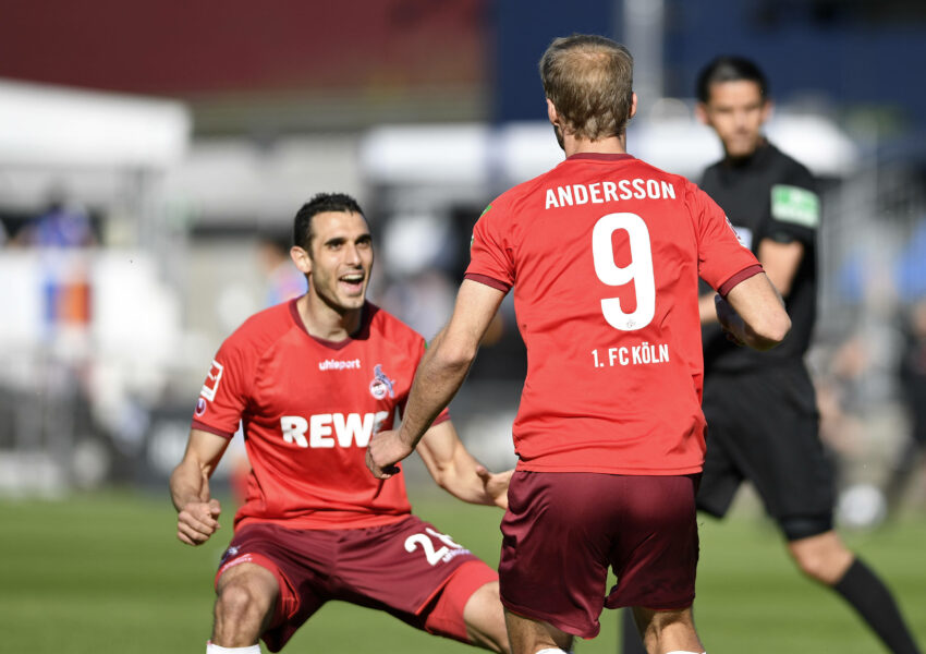 GER, 1.FBL, Relegation, Holstein Kiel vs 1. FC Koeln / 29.05.2021, Holstein-Stadion, Kiel, GER, 1.FBL, Relegation, Holstein Kiel vs 1. FC Koeln, im Bild Sebastian Andersson 1. FC Koeln 9 Torjubel, jubelt mit Ellyes Skhiri 1. FC Koeln 28 nach dem Treffer zum 1:2 *** GER, 1 FBL, Relegation, Holstein Kiel vs 1 FC Koeln 29 05 2021, Holstein Stadion, Kiel, GER, 1 FBL, Relegation, Holstein Kiel vs 1 FC Koeln, in picture Sebastian Andersson 1 FC Koeln 9 goal celebration, cheers with Ellyes Skhiri 1 FC Koeln 28 after the goal to 1 2 nordphotoxGmbHx/xTreese nph00275